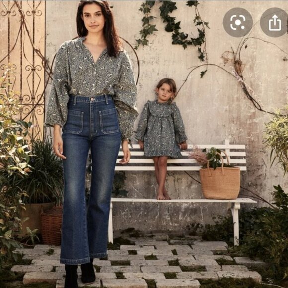 💕DOEN💕 O'Keeffe Top ~ Cream Blue Prancing Fawn Print Medium NWOT - Picture 2 of 14